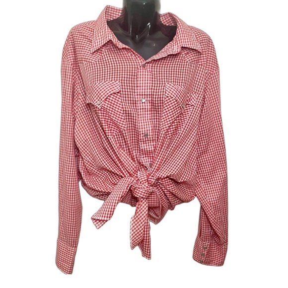 Vintage 60s H Bar C California Ranchwear Red White Gingham Button Western Shirt - Picture 2 of 9